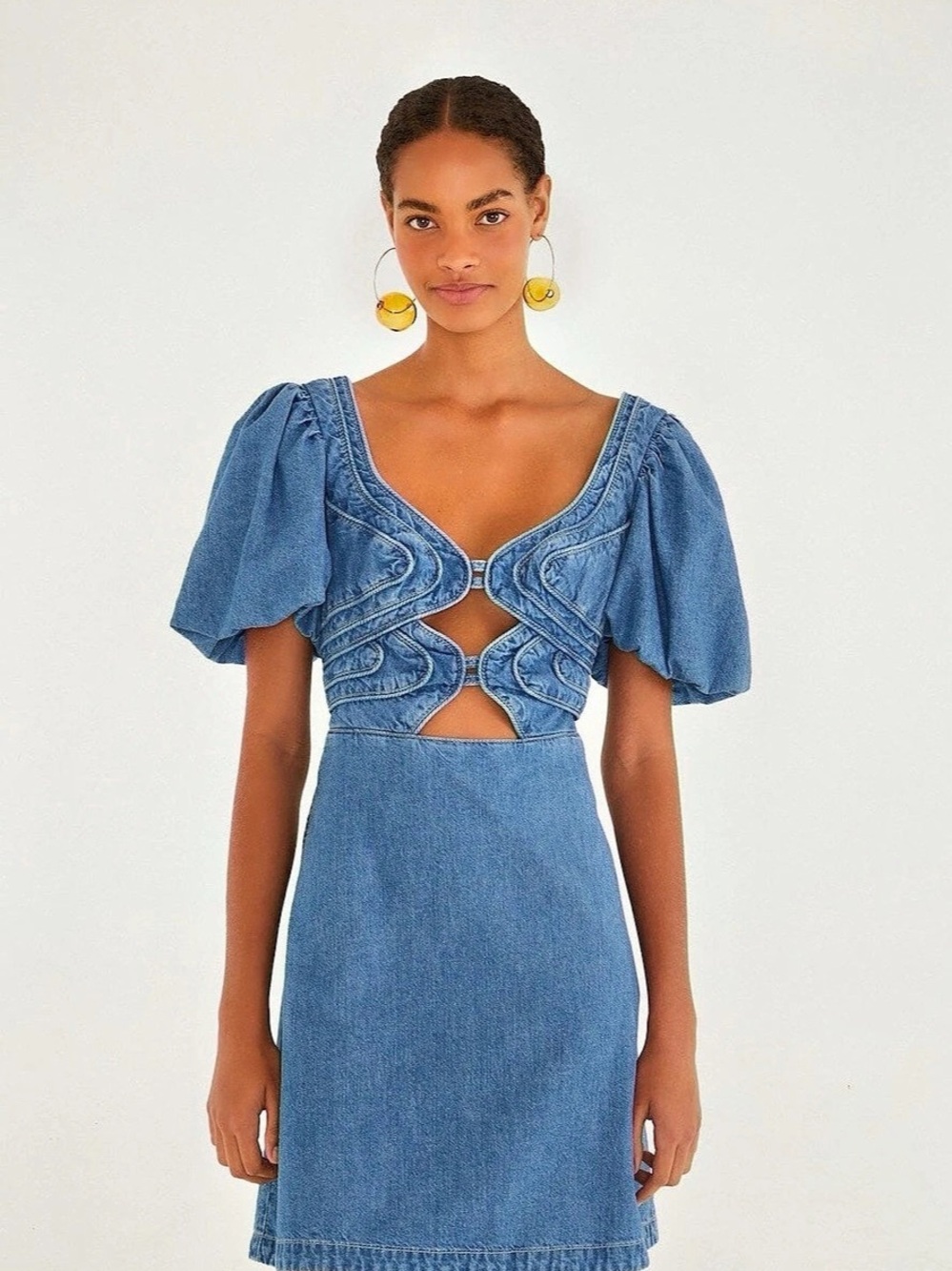 FARM Rio Denim Wavy Cut-Out Puff Sleeve Mini Dress, Size XS, NEW with tags!